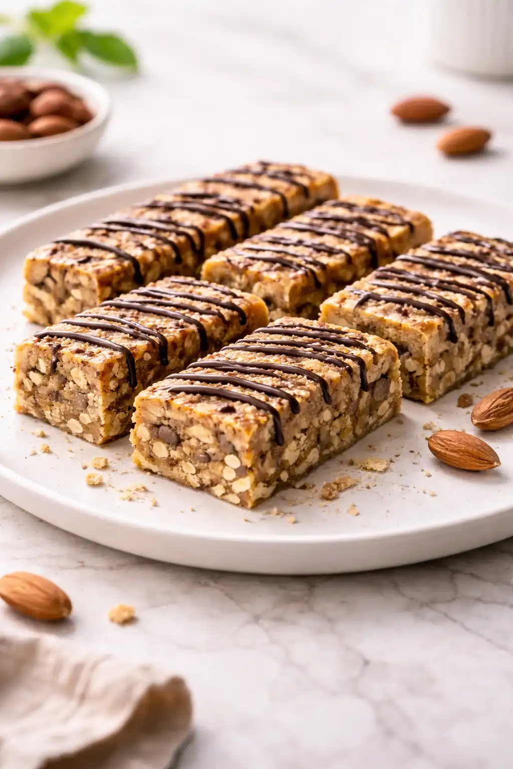 Almond protein bars on white plate