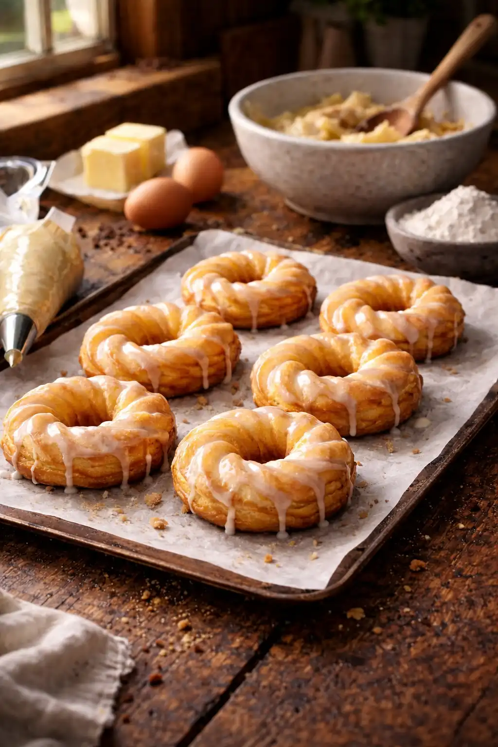 Golden French crullers on tray