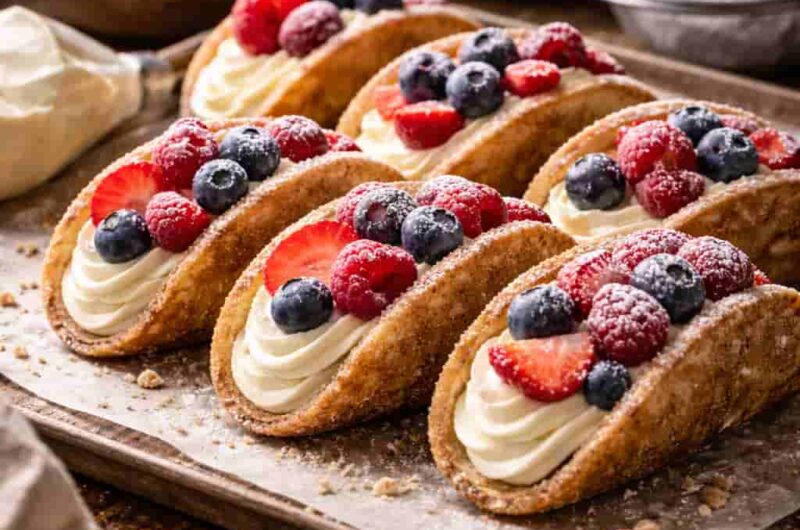 Delicious Berrylicious Cheesecake Tacos Made with Crispy Shells, Cream Cheese, and Juicy Berries